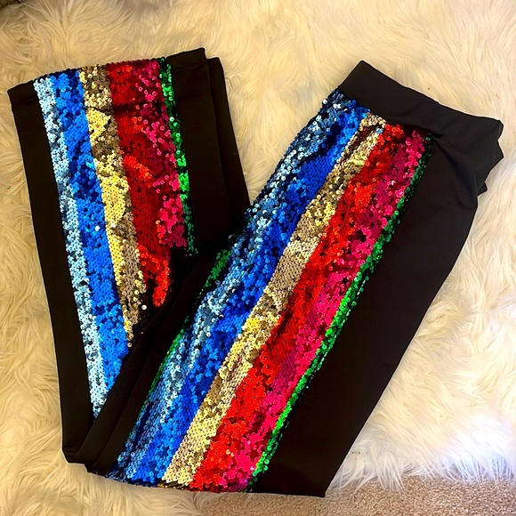 *SOLD* Rainbow sequin flare pants size S - Picture 2 of 9